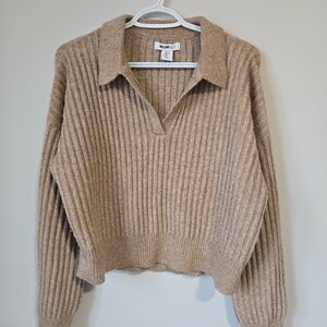 William Rast Ribbed V-Neck Sweater in Tan